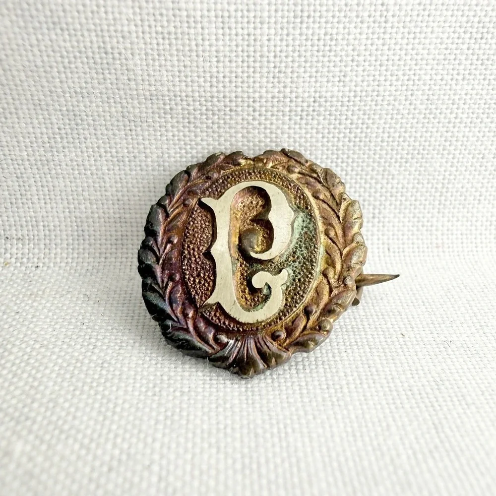 Antique Victorian Edwardian Brooch Pin C-Clasp Gold Tone Monogram L or P Tiny